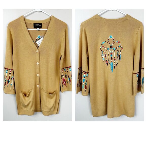 Bob Mackie Cardigan Sweater XS Embroidered Feathers Wearable Art Dream Catcher - Picture 1 of 10